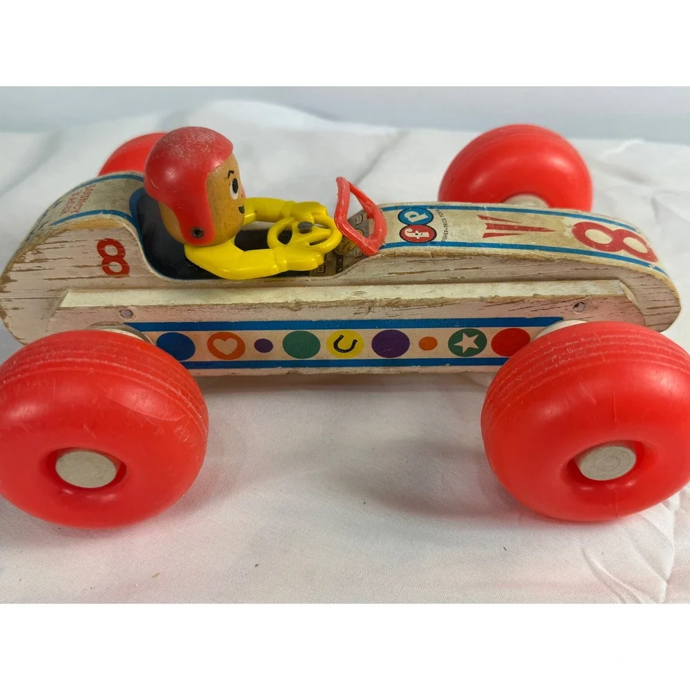 Vintage Fisher Price Bouncy Racer 8 Wooden Pull Toy Race Car 1970s Collectible